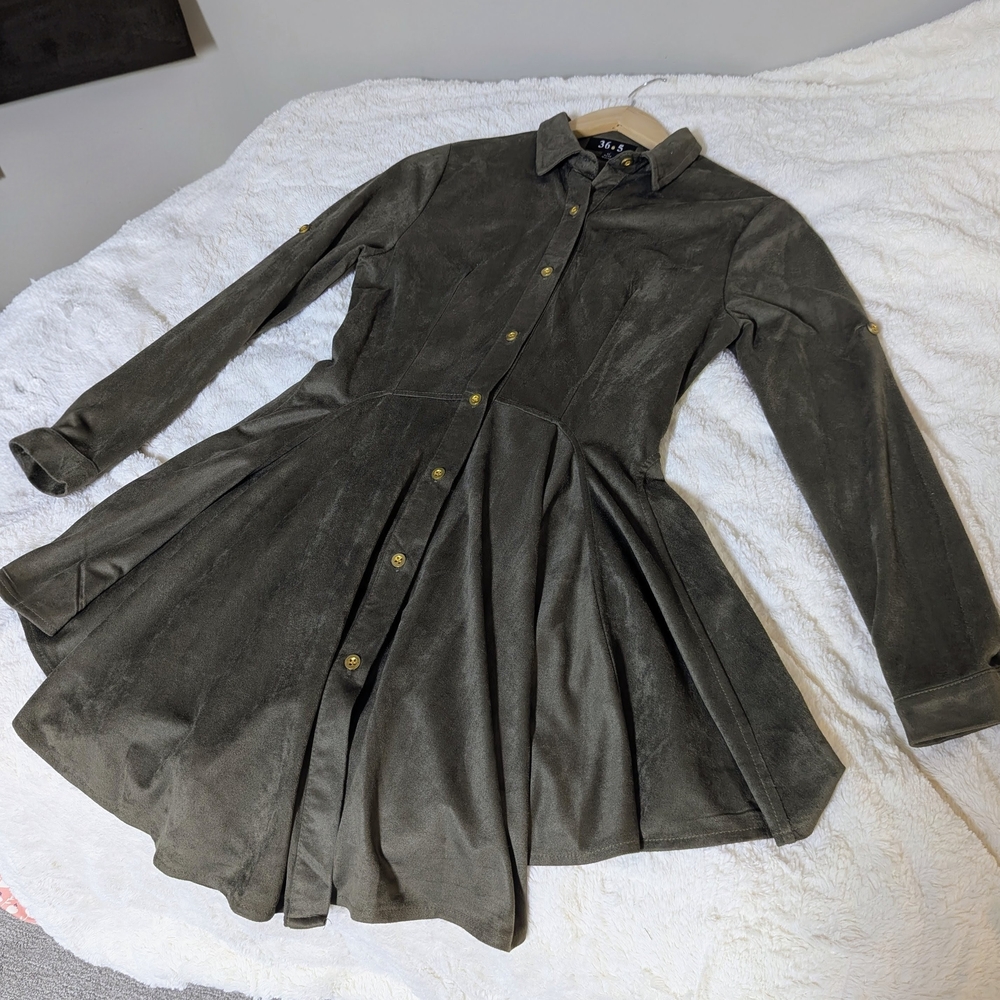Women's Olive Green Button-Front Flared Suede Shirt Dress - Picture 9 of 14
